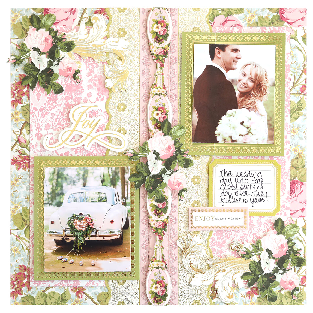 Get inspired for card making with the Rose Ultimate Paper Crafting Collection—create a wedding scrapbook page featuring a couple, vintage car, floral patterns, and handwritten notes using your favorite supplies.