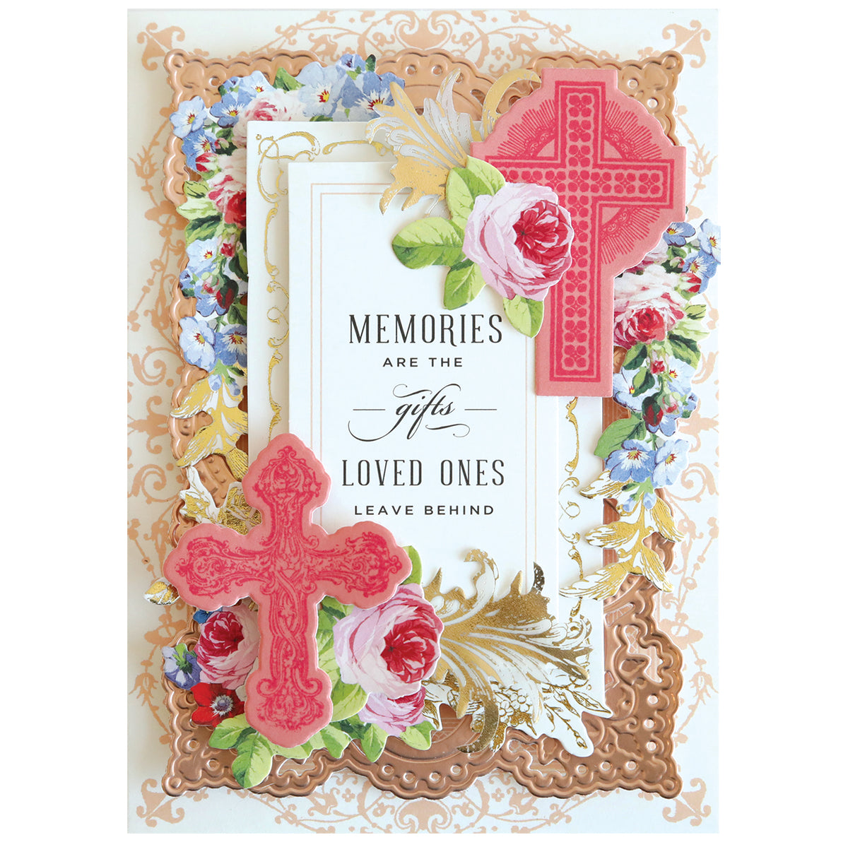 Express heartfelt sympathy with Cross Stamps and Dies featuring pink cross motifs, roses, and gold accents plus the sentiment: "Memories are the gifts loved ones leave behind." Ideal for faith-inspired handmade cards.