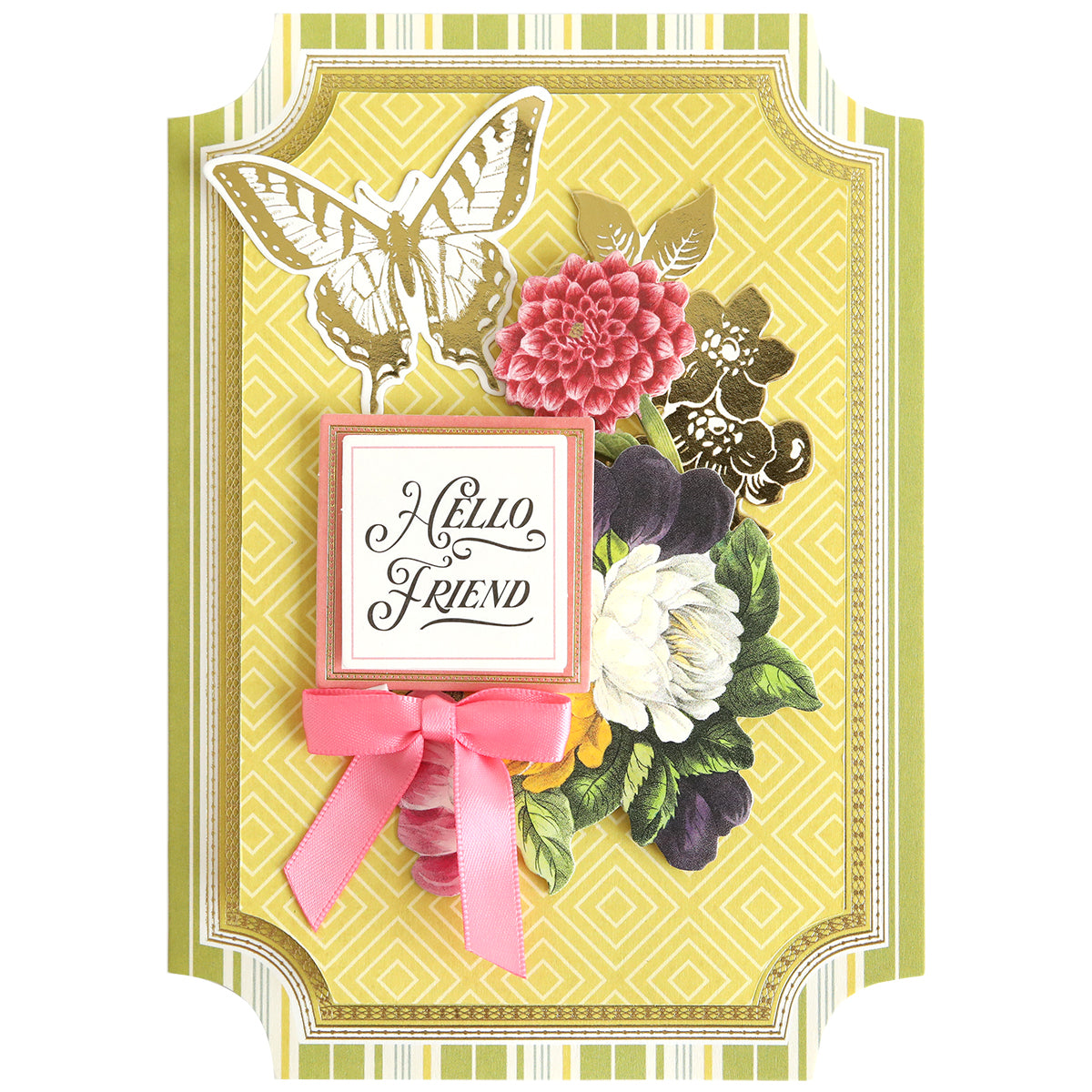 Create cheerful handmade cards with the Simply Summer Card Making Kit, featuring a "Hello Friend" greeting card adorned with a pink ribbon, butterfly, and colorful flowers on a yellow patterned background.