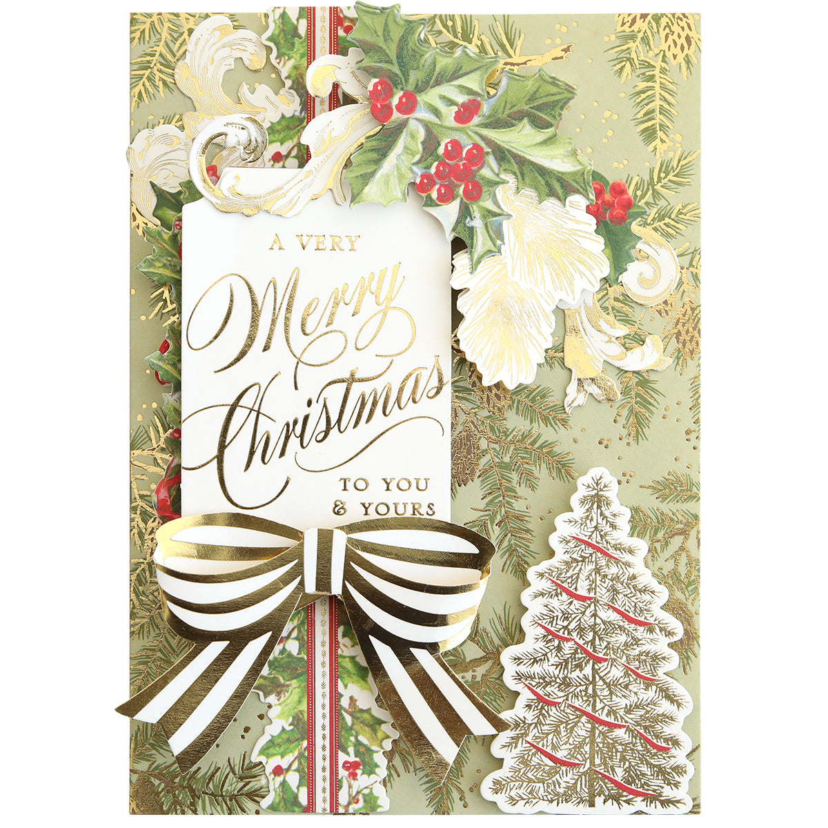 Get inspired for your next holiday project with the Christmas Grace Card Making Kit, featuring handmade cards with gold "A Very Merry Christmas to You & Yours" script, holly, striped bows, and pine tree illustrations.