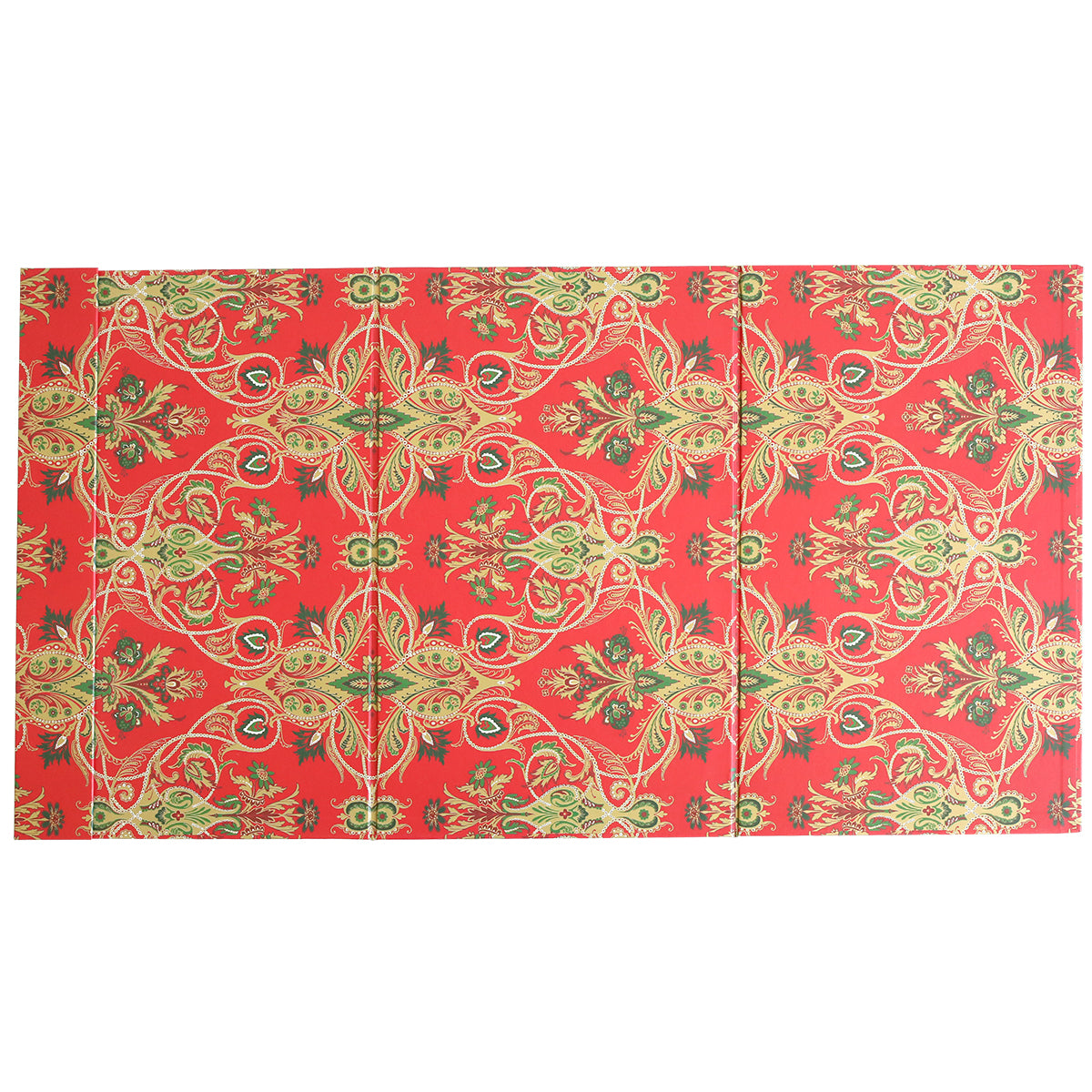 Red and gold patterned folding mat featuring ornate, symmetrical floral and vine designs inspired by Christmas Jasmine blooms—perfect for displaying your favorite holiday dies or for use alongside the Christmas Jasmine Magnetic Die Stand.