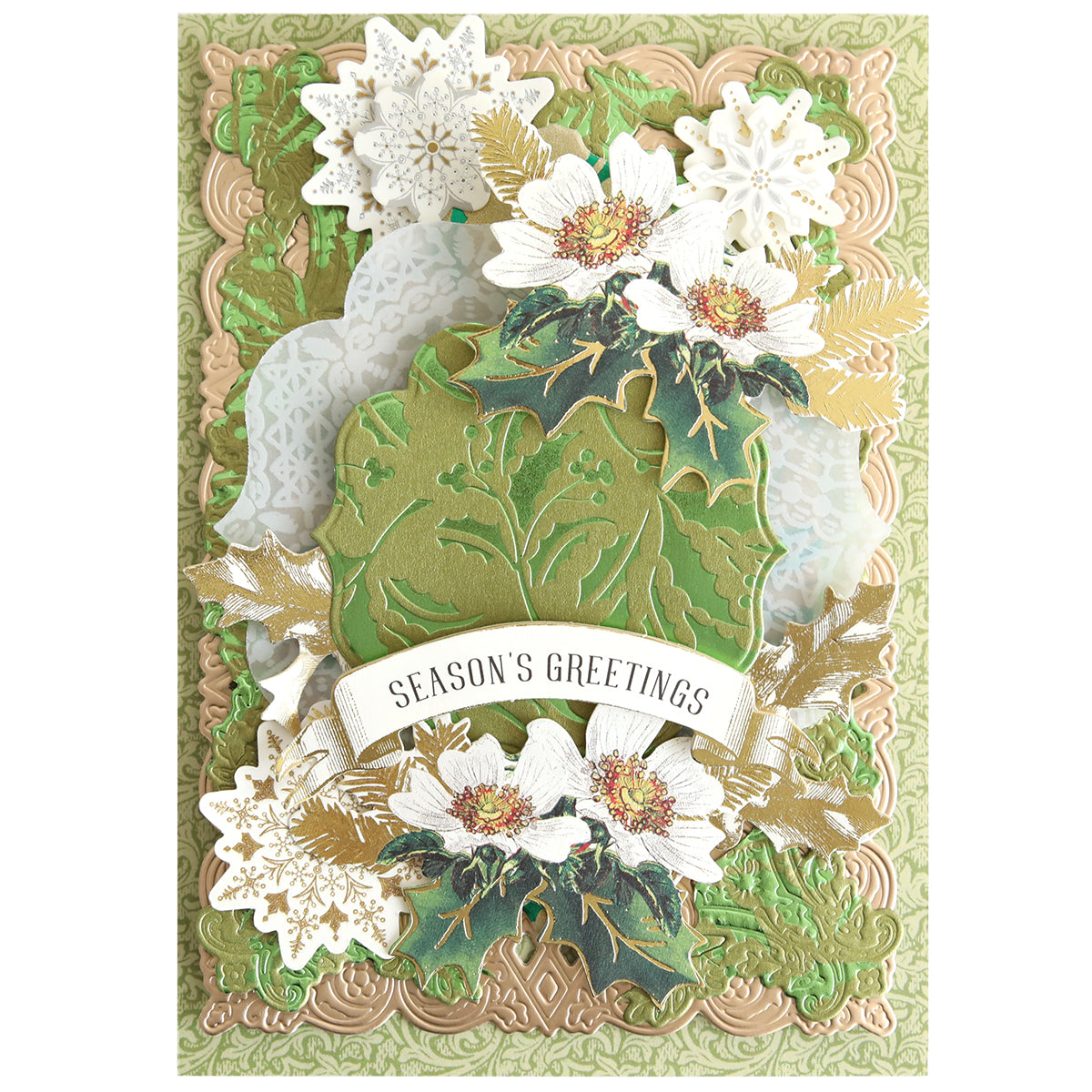 A decorative holiday card featuring the Gilded Christmas Holly Hot Foil Plate, with elegant embossed green and gold patterns, white flowers, snowflakes, and a central banner that reads "Season's Greetings," perfect for creating stunning foiled backgrounds with a sophisticated Christmas holly design.