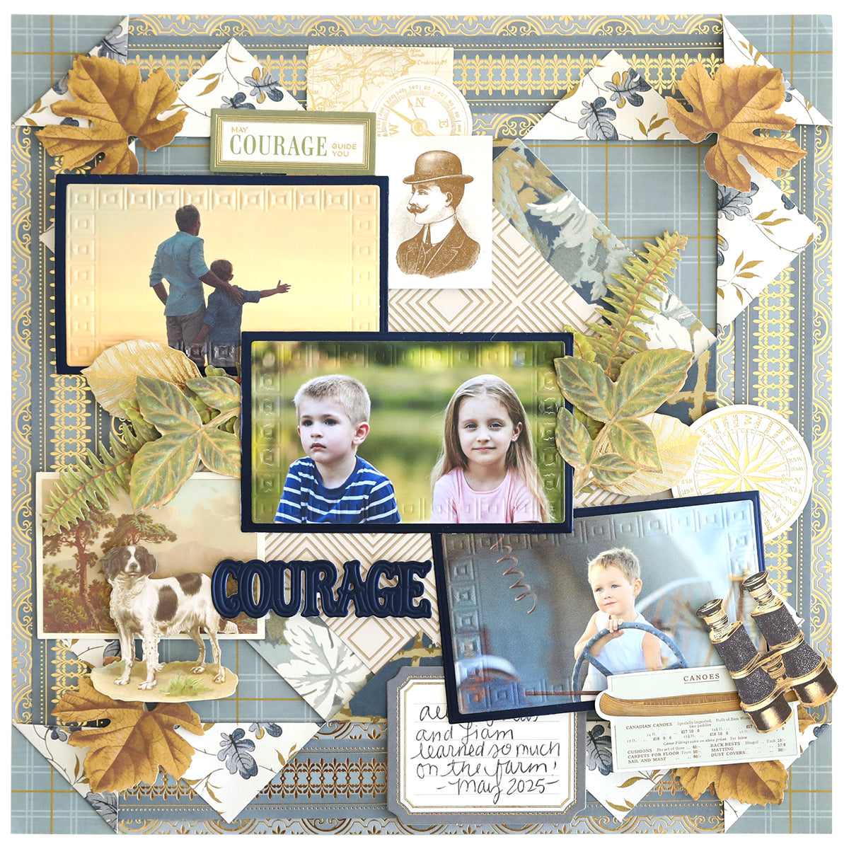 A scrapbook page created with the Jack Double Sided Cardstock and Embellishments showcases vintage and nature-inspired designs. The layout displays photos of two children, a man and child at sunset, a dog, and handwritten notes about courage and learning. Charming die cut embellishments from the collection add an extra touch of detail to this thoughtfully arranged memory.