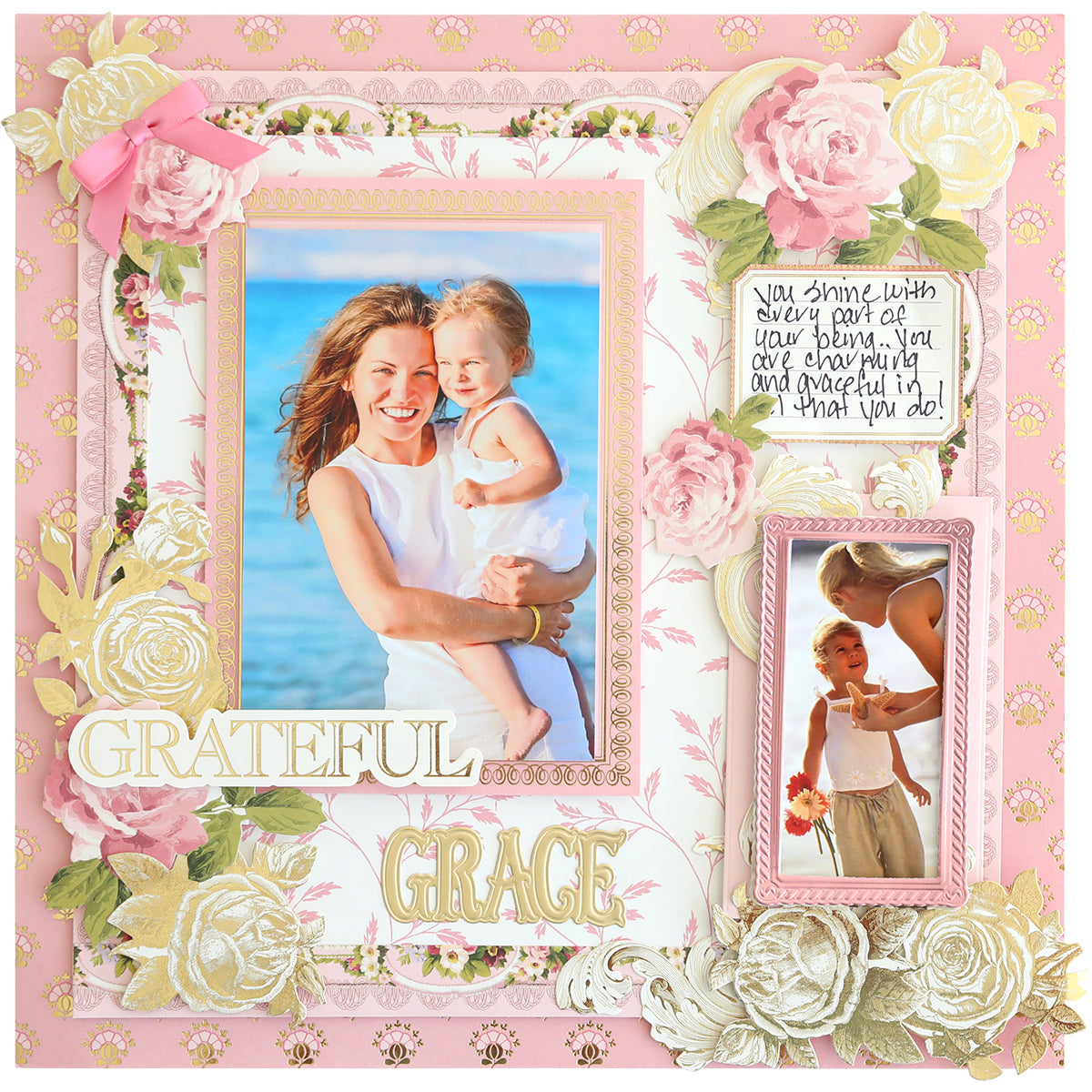 A decorative scrapbook page displays two beach photos on Timeless Photo Mats and Card Layers, accented with floral embellishments and the words "GRATEFUL" and "GRACE" in gold lettering.