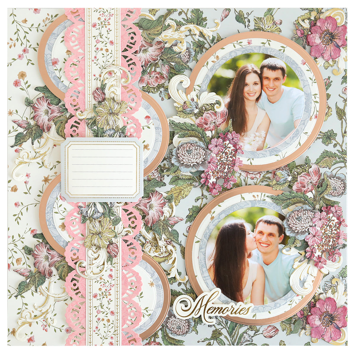 A scrapbook page featuring floral patterns, two smiling couple photos cut using Concentric Circle Dies, decorative trim, a lined journaling area, and "Memories" written in script.
