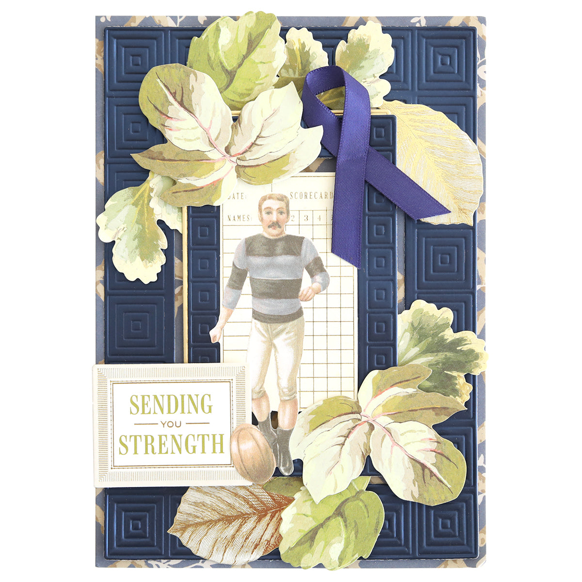 Featuring a vintage football player, a purple ribbon, leafy decorations, and a “Sending You Strength” sign set against a textured blue background, this card is expertly crafted from the Celebration Foil Cardstock Collection. The premium navy matte foil cardstock highlights the elegant paper craft details, delivering an uplifting message with timeless style.