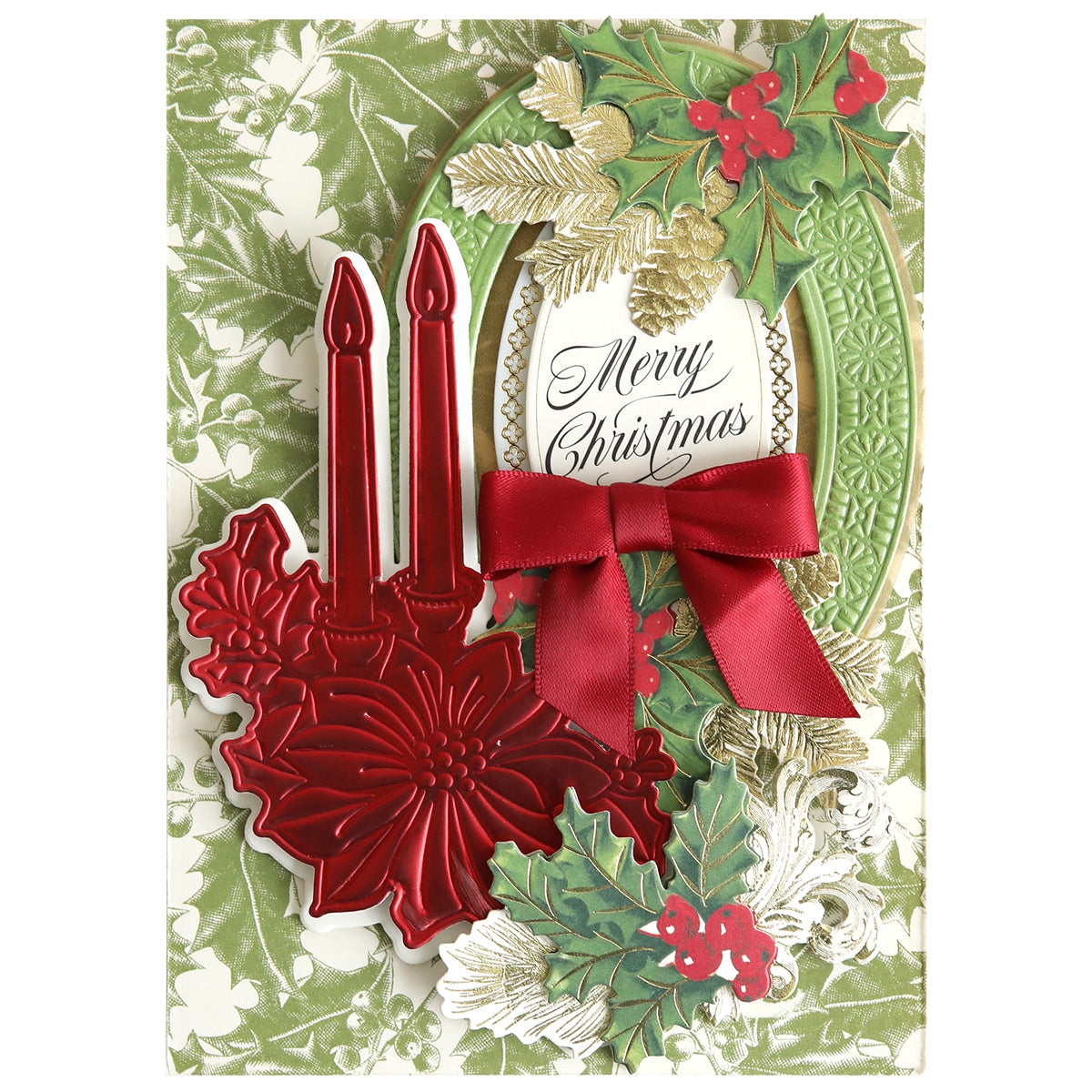 Christmas card featuring red candles, poinsettia, red bow, holly, and gold “Merry Christmas” sentiment on a green and white leafy background—a perfect showcase for 3D Holiday Candlelight Scene Dies for paper crafting enthusiasts.