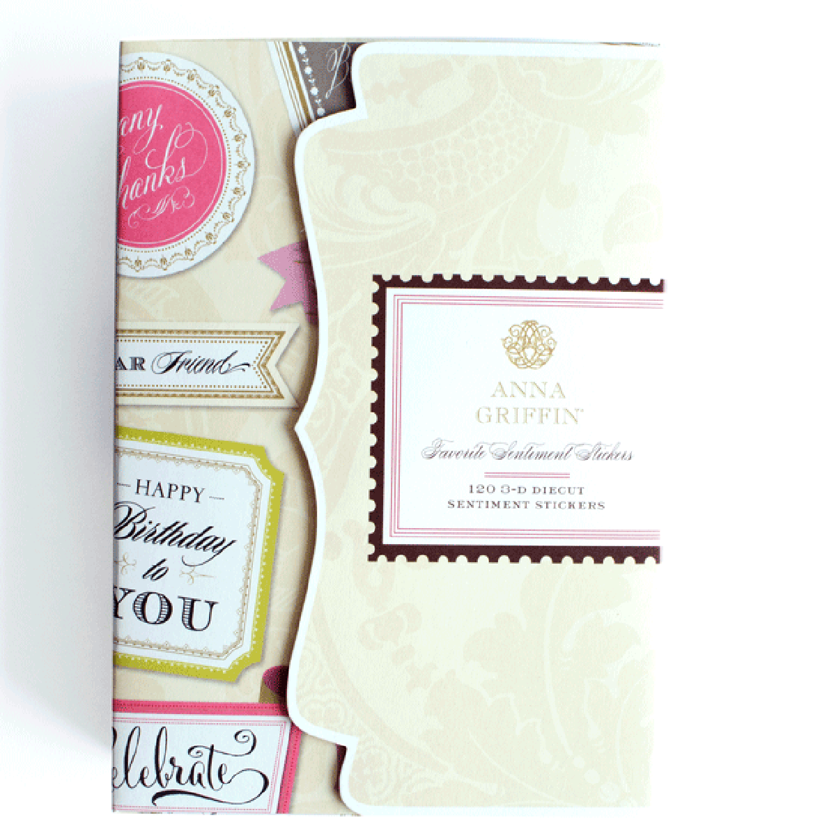 Box of Favorite Sentiment Stickers Everyday featuring ornate labels on ivory cardstock with sentiments like “Happy Birthday to You” and “Celebrate,” all organized in a stylish storage folio.