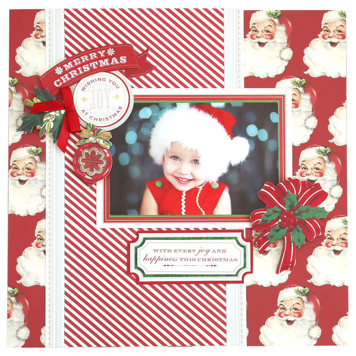 A holiday card featuring a smiling child in a Santa hat, surrounded by vintage Santa illustrations, red stripes, and festive decorations from the Favorite Christmas Sentiment Stickers collection.