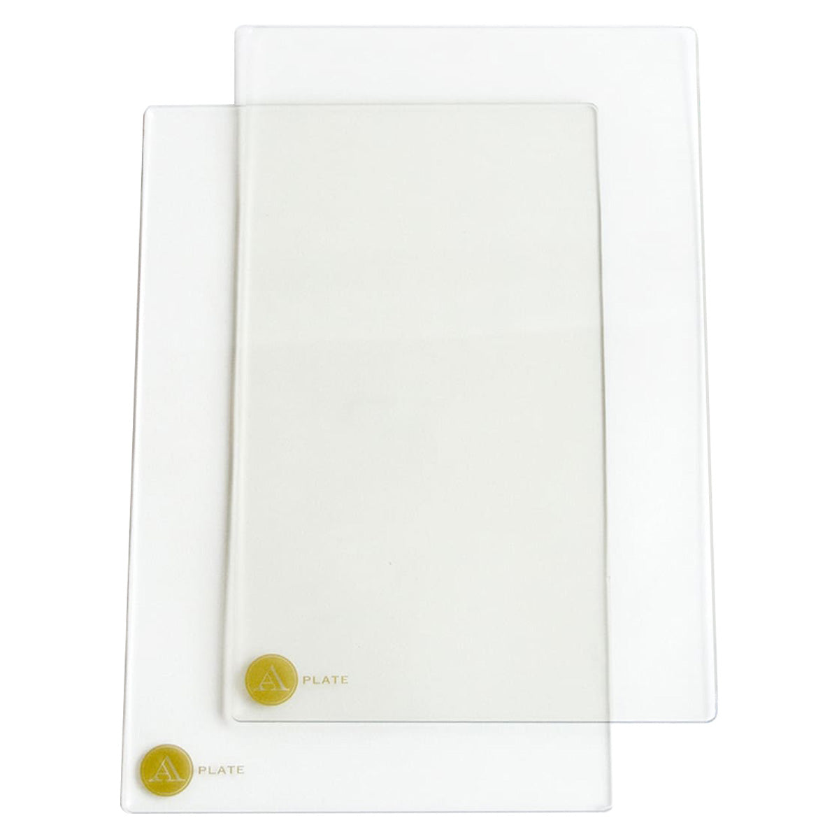Two overlapping clear glass Empress Large Full Plate Sets with small yellow logos at the bottom corner on a white background.