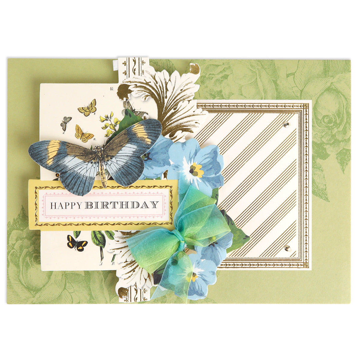 A Birthday Perfect Pattern Cards and Envelopes 5x7 card base birthday card featuring a blue butterfly, blue flowers, a green ribbon, and a “Happy Birthday” message on an ornate green floral background.