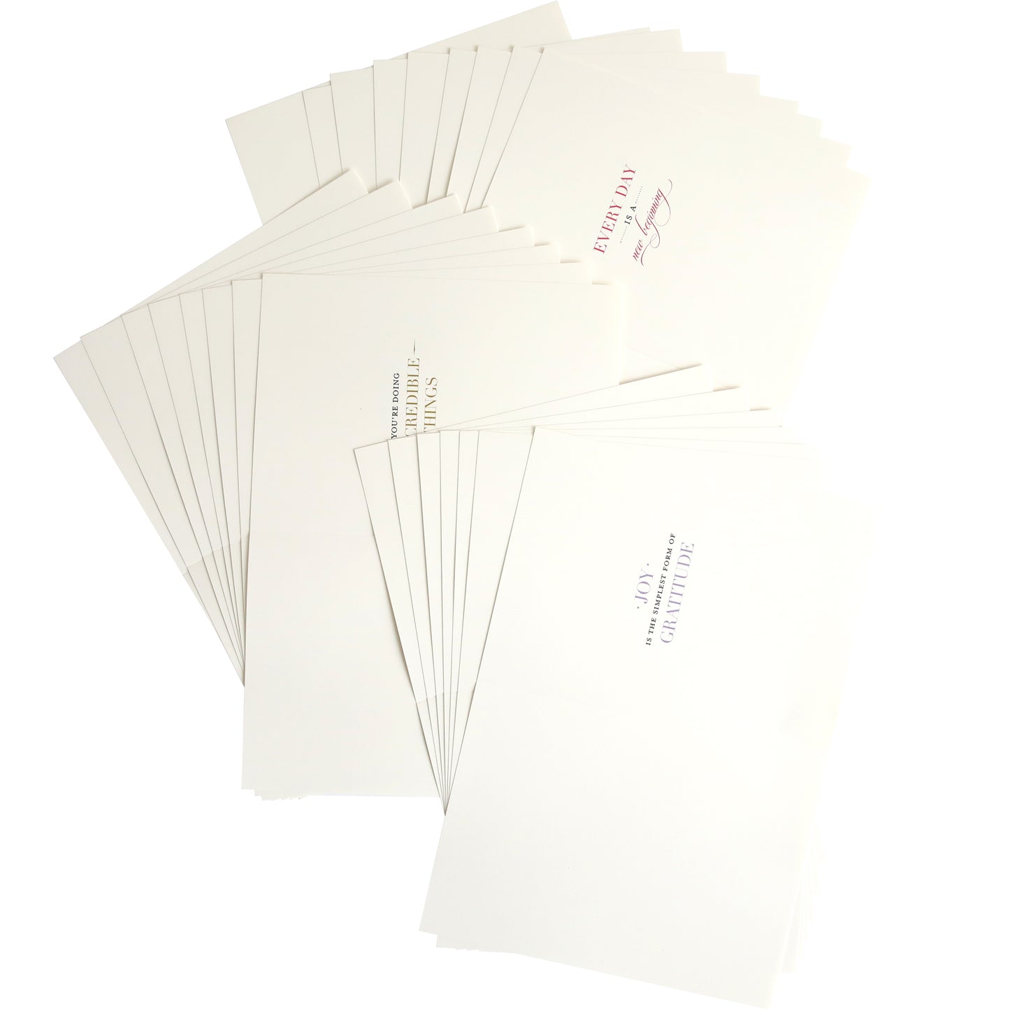 Reflective Sentiment Inserts arranged in a fan-like pattern on a white background, featuring off-white sheets printed with pre-printed sentiments in black or red ink.