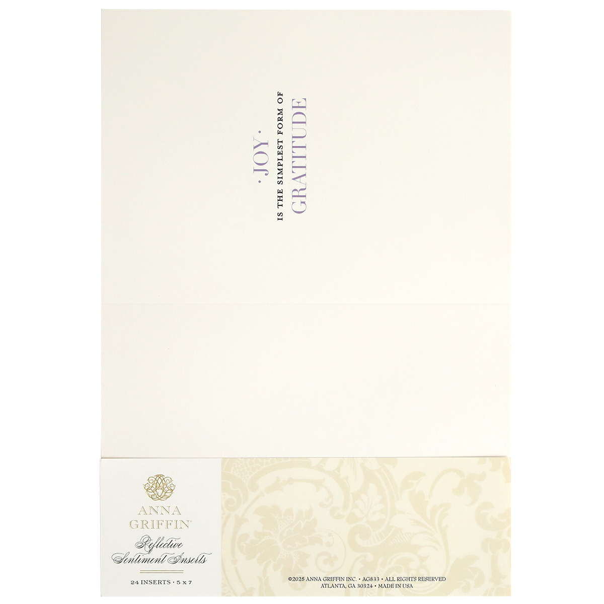 Reflective Sentiment Inserts are cream-colored cards with a gold floral design and the pre-printed message “JOY IS THE SIMPLEST FORM OF GRATITUDE” in the upper left, ideal for anyone who loves elegant, handmade-style cards.