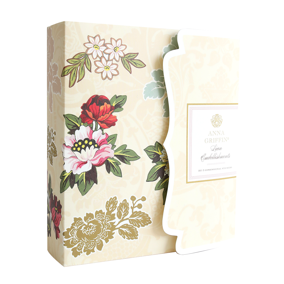 A decorative cream-colored box with floral designs and a scalloped edge, labeled "Lian Embellishments," perfect for storing Floral Stickers or 3D Embellishment Stickers from the Francesca Collection.