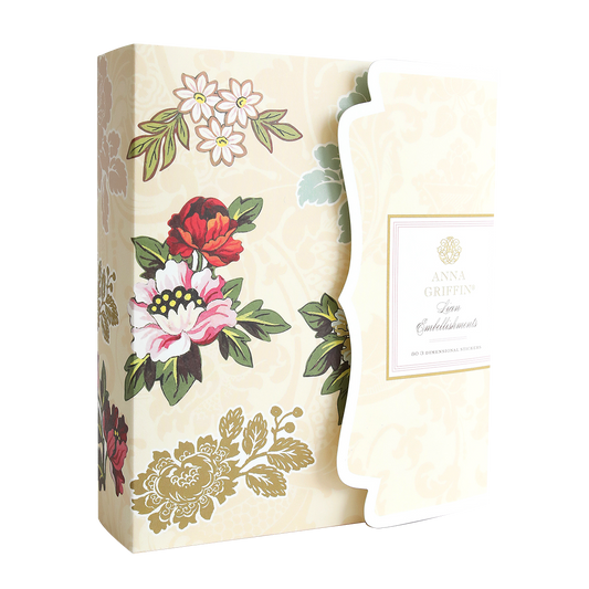 A decorative cream-colored box with floral designs and a scalloped edge, labeled "Lian Embellishments," perfect for storing Floral Stickers or 3D Embellishment Stickers from the Francesca Collection.