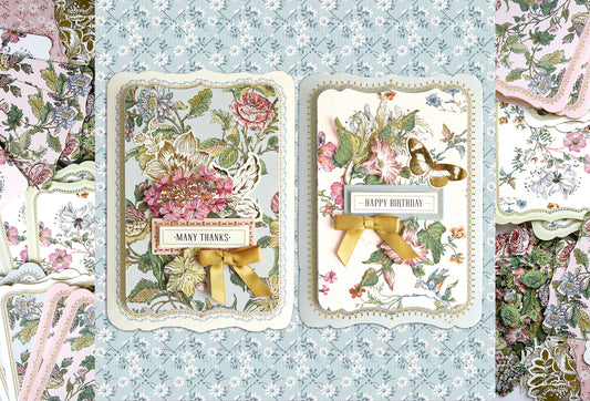Two vintage greeting cards with floral designs and ribbons, one saying "many thanks" and the other "happy birthday," set against a patterned background.