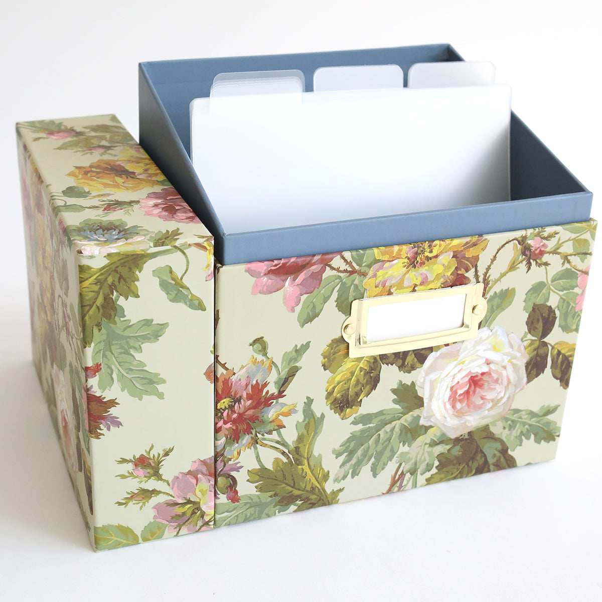 The Anna Griffin Francesca Embossing Folder Storage Box, with a floral design, includes interior dividers and a front label holder for elegantly organizing your essentials.