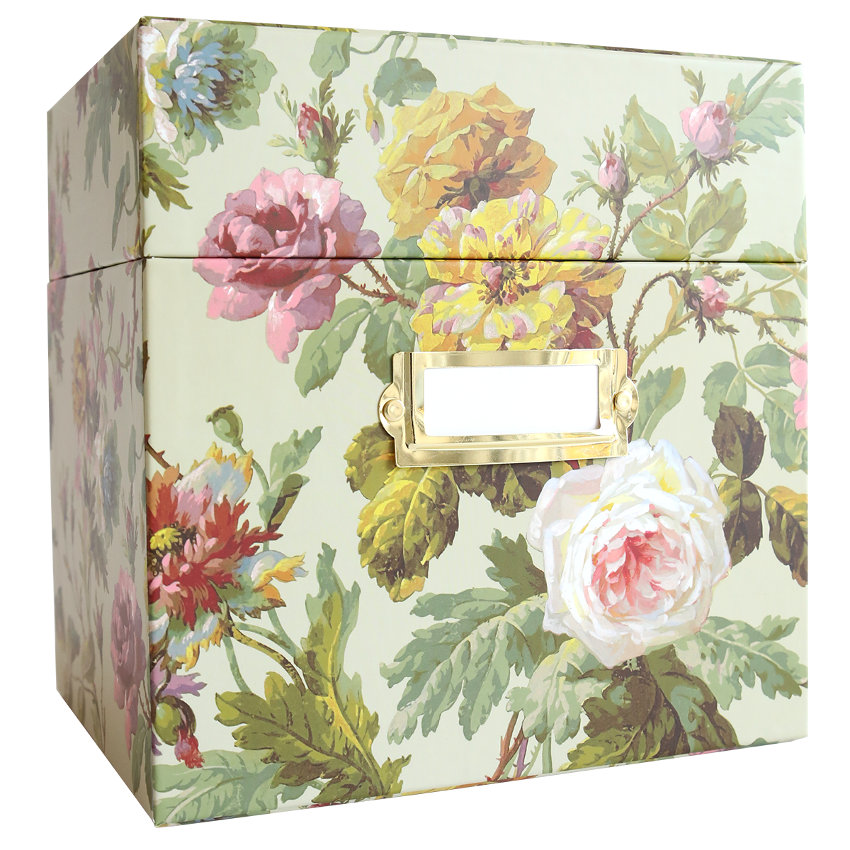 The Embossing Folder Storage Box - Francesca boasts an Anna Griffin design with pink and yellow roses, green leaves, and a brass label holder, ideal for stylishly organizing embossing folders.