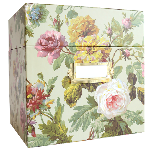 The Embossing Folder Storage Box - Francesca boasts an Anna Griffin design with pink and yellow roses, green leaves, and a brass label holder, ideal for stylishly organizing embossing folders.
