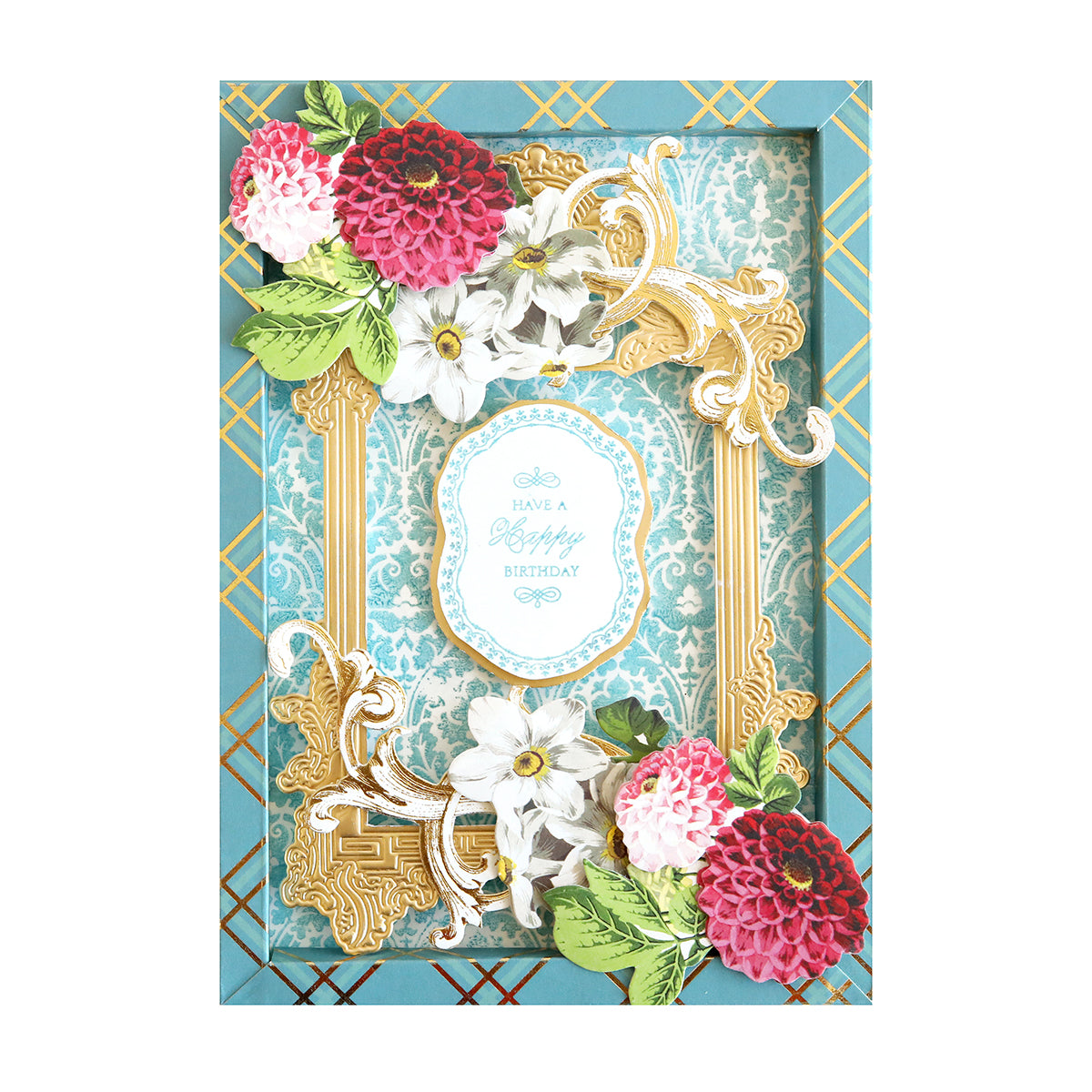 A blue and gold Anniversary Stamp Set adorned with flowers in the background.