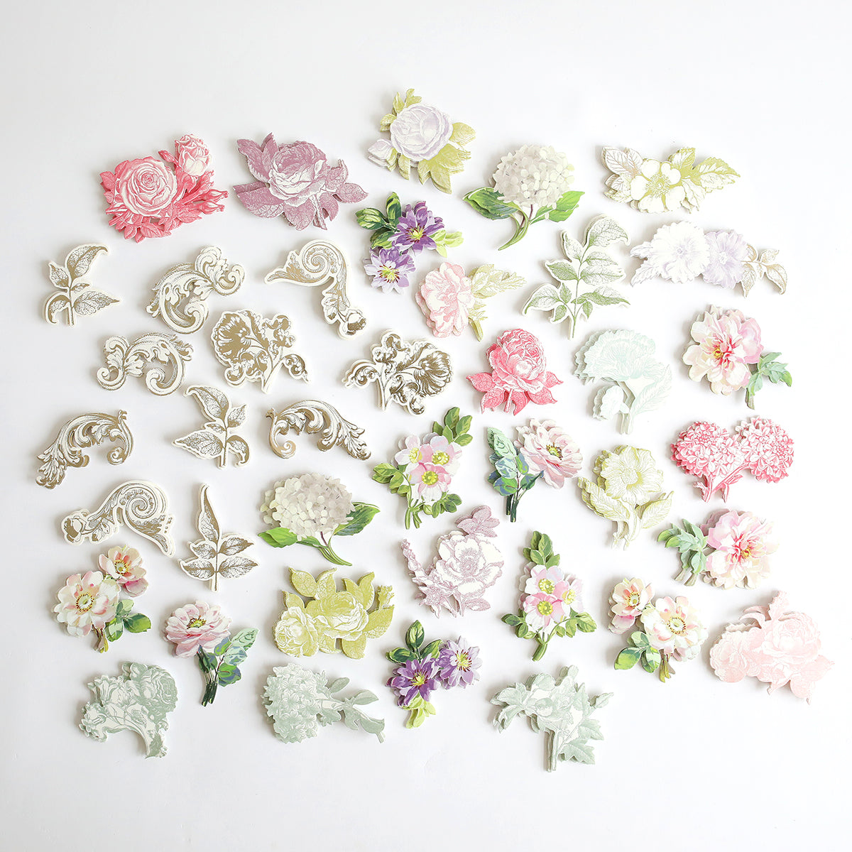 Antique Botanical Embellishments from the Francesca collection, including 3D floral stickers, are arranged in rows on a white background.