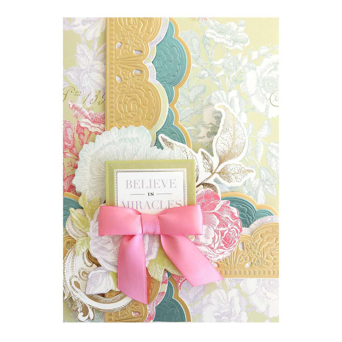 The "Antique Botanical Embellishments" greeting card features floral patterns, ornate gold accents, a pink ribbon bow, and 3D details; its central message is "BELIEVE IN MIRACLES.