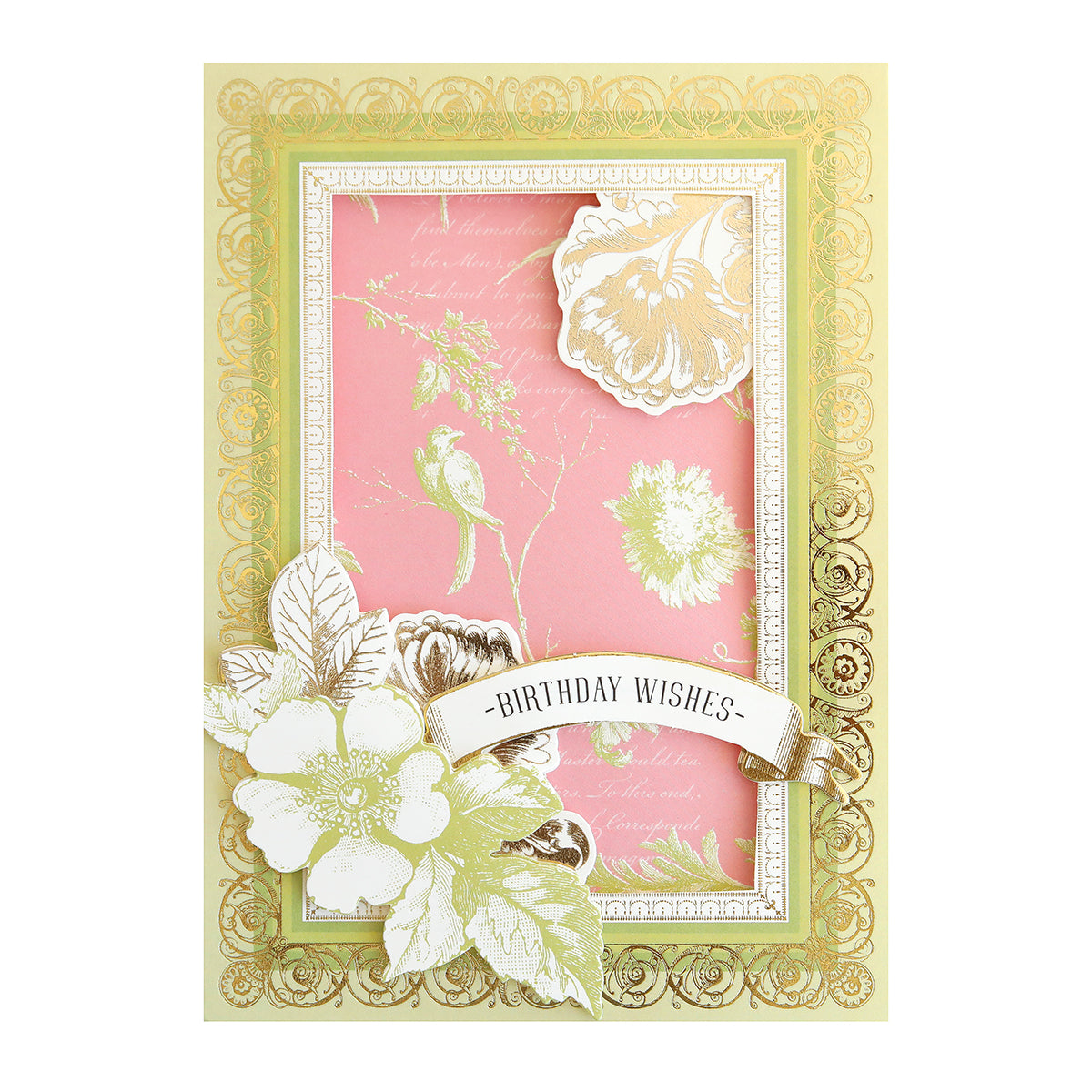 A decorative "Antique Botanical Embellishments" birthday card with gold detailing, white flowers, a bird, 3D accents, and "Birthday Wishes" text on a pink and gold background.