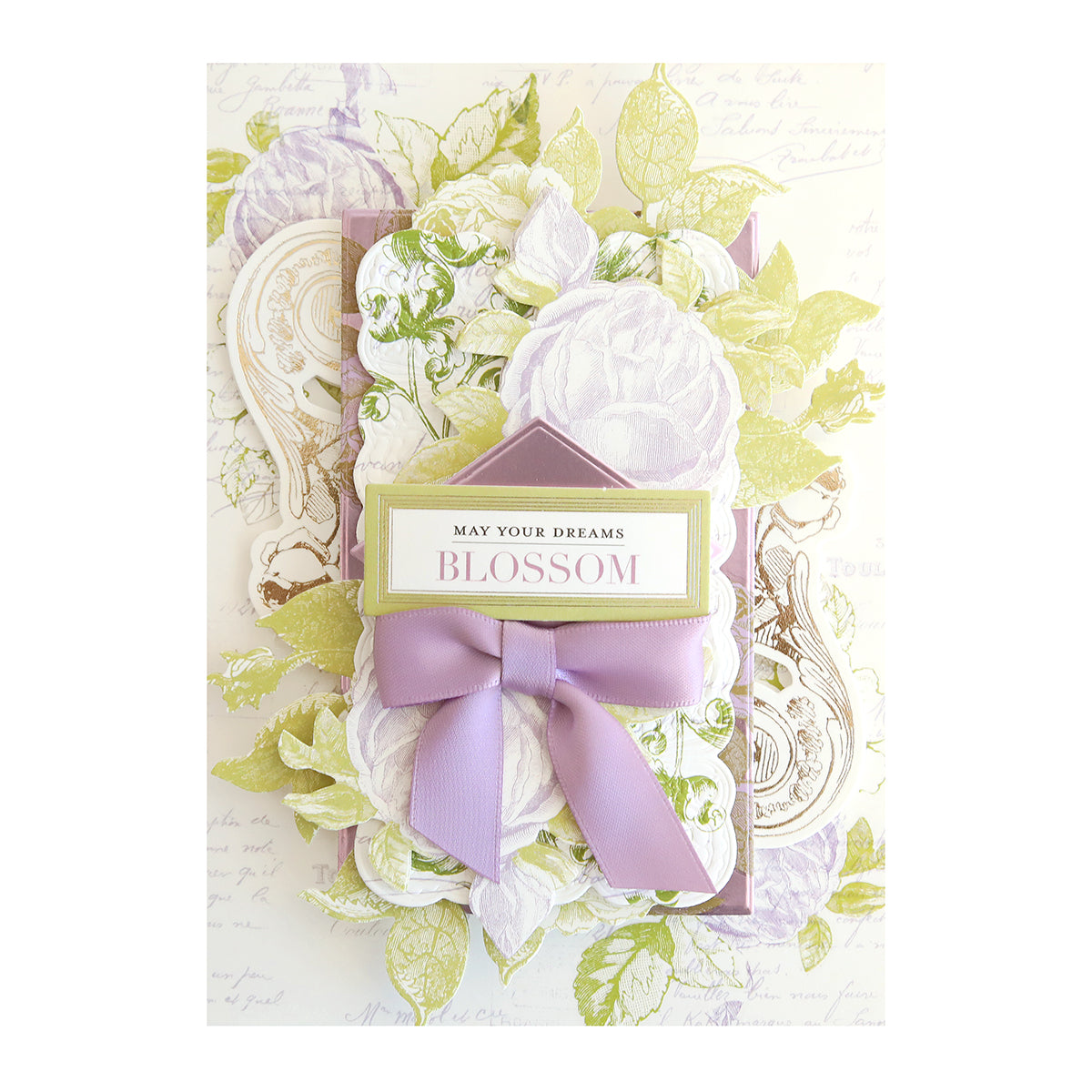 Antique Botanical Embellishments greeting card features floral and leaf patterns, a lavender ribbon, 3D accents, and a central label reading "May Your Dreams Blossom.
