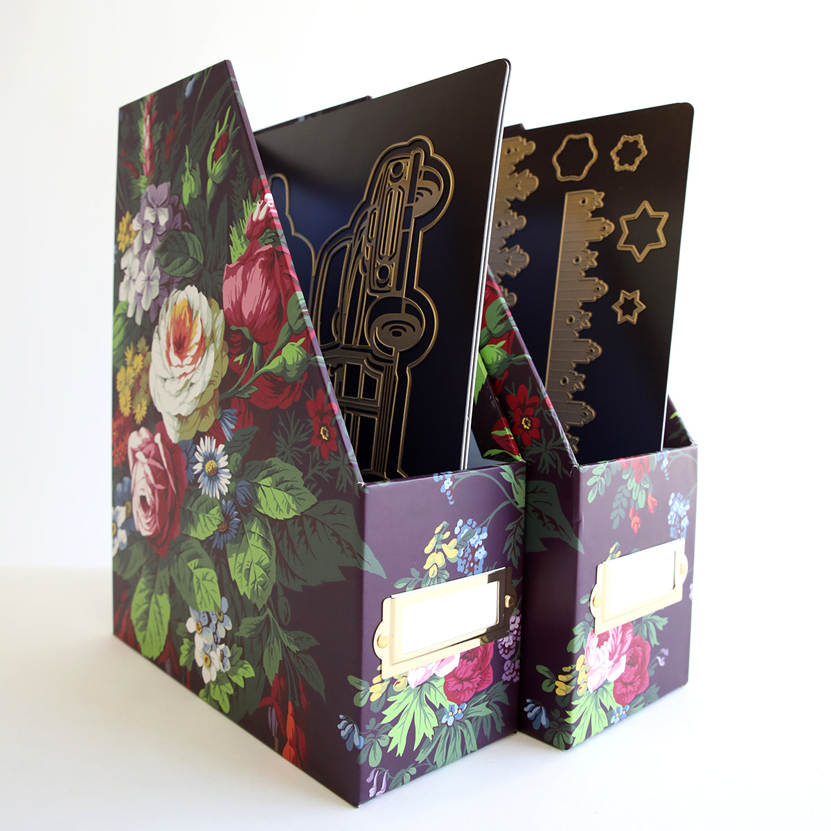 A Set of 2 Die Storage Boxes - Astrid featuring the Aubergine Floral Pattern.