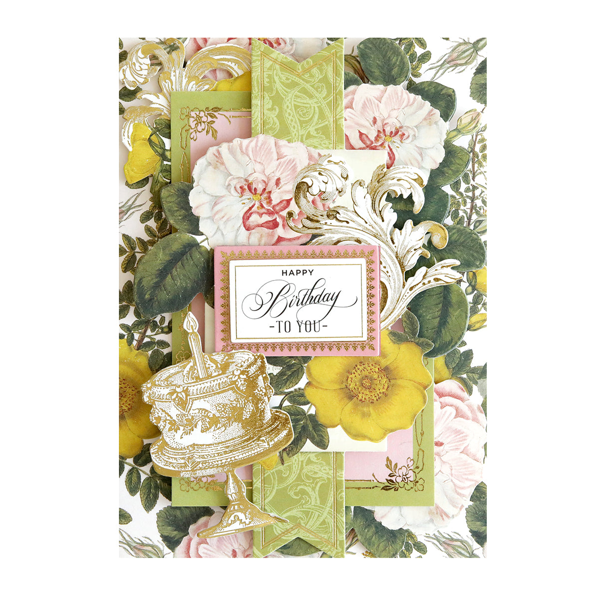 The Birthday Greetings Card Making Bundle includes decorative floral patterns, layered designs, collage card toppers, a gold cake illustration, and a "Happy Birthday to You" label for crafting unique birthday cards.