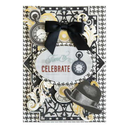 Handmade greeting card with a "time to celebrate" message, featuring vintage clocks, a black bow, and ornate white embellishments on a geometric background with added Birthday Sentiment Rub Ons.
