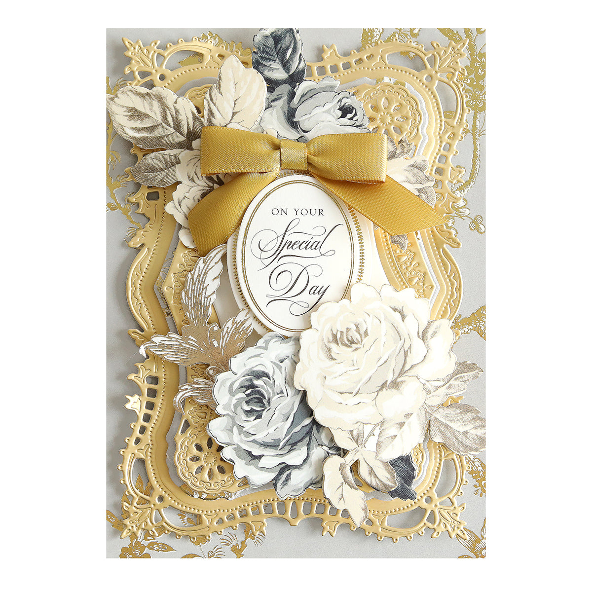 Pair the ornate greeting card featuring gold lace detailing, a gold bow, and elegant roses with Black and Cream Flower Stickers for a stunning gift; the card’s oval "On your Special Day" message adds a perfect finishing touch.