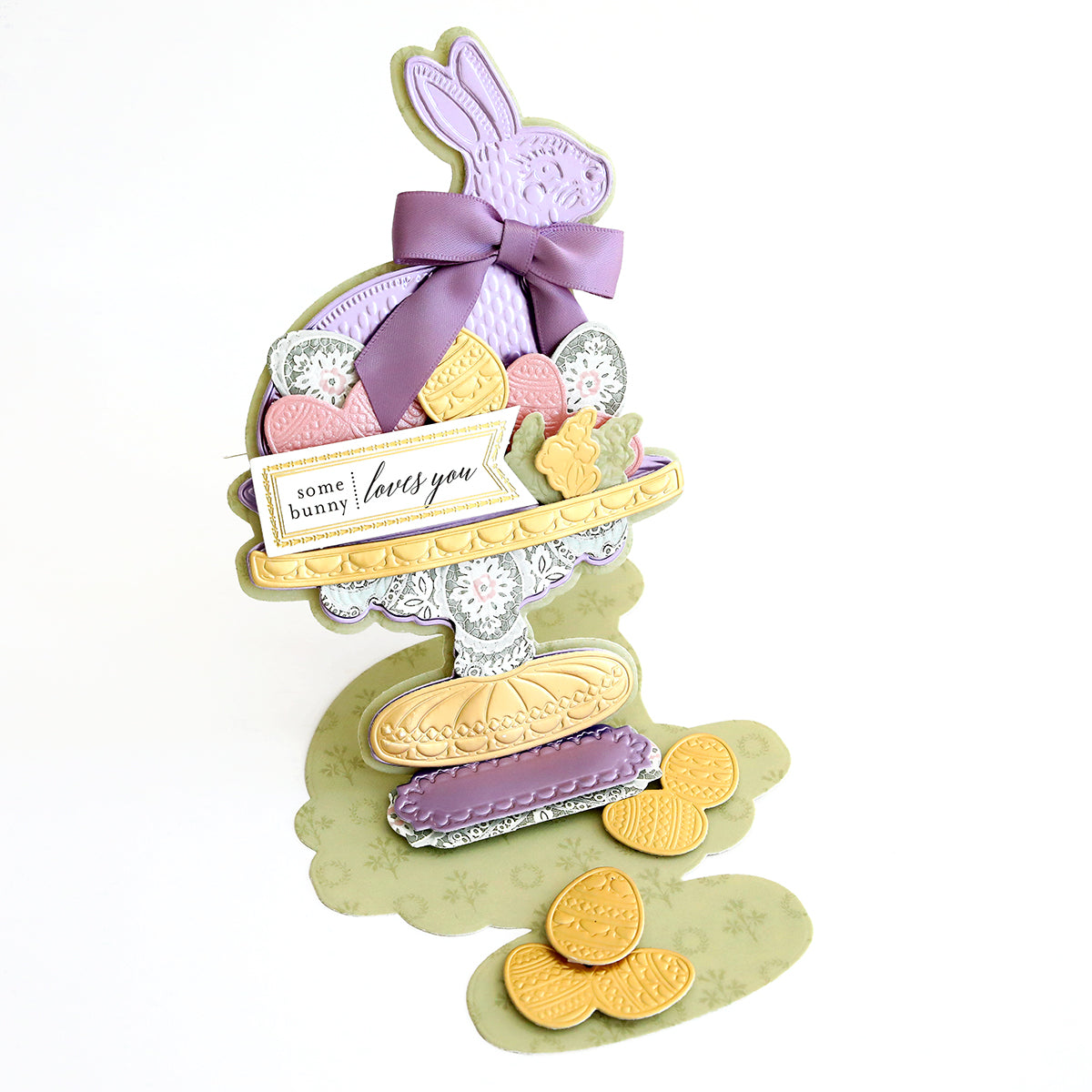 An Easter card featuring the 3D Bunny Easel Dies on top.