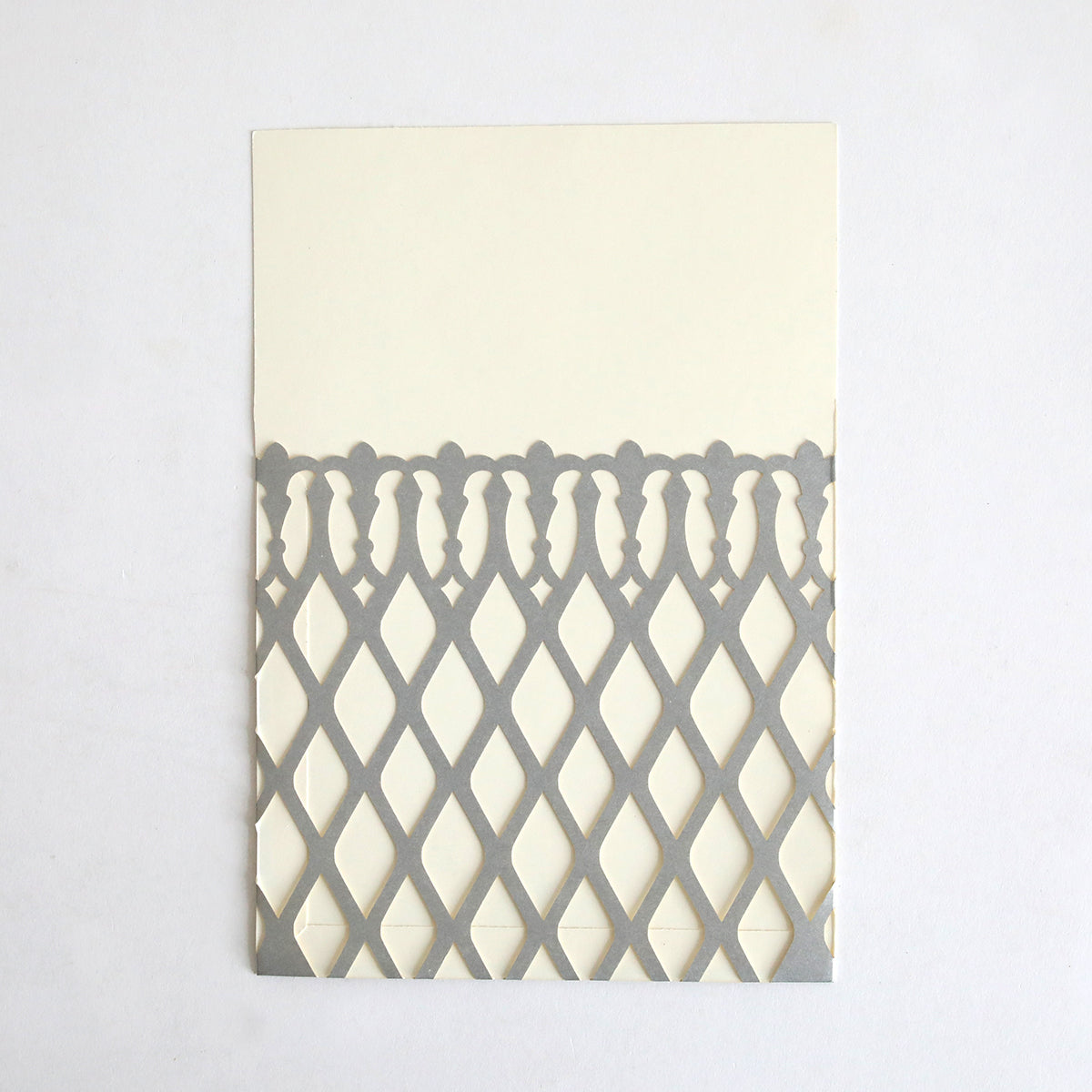 The Silver Trellis Diecut Pocket 10 pack includes cream-colored cards with an ornate silver diecut trellis pocket on the lower half—ideal for elegant wedding or custom invitations.