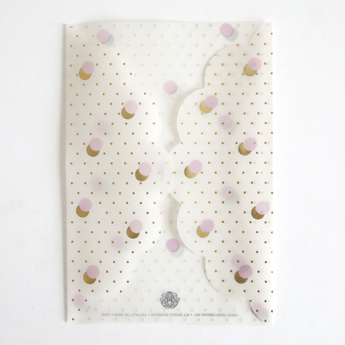 Translucent vellum envelope with scalloped edge, gold dots, and pink circles—ideal for pairing with the Lavender & Gold Dots Vellum Gatefold 10 pack or other wedding invitation supplies. Shown on a white background.