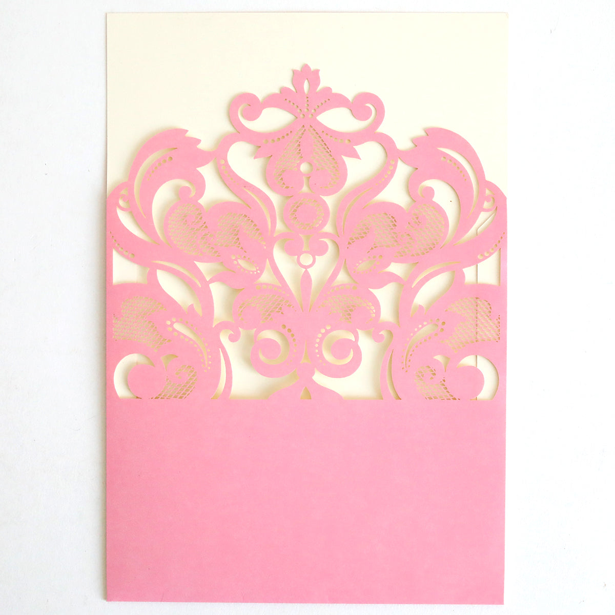 The Pink Laser Cut Pocket 10 pack includes cream-colored cards with pink lace laser-cut pockets on top and a solid pink bottom, ideal for elegant wedding invitations or DIY invitation projects.