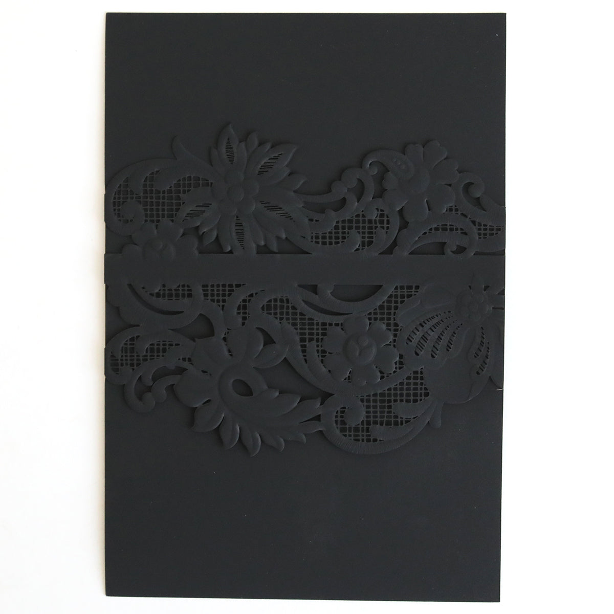 The Black Laser Cut Lace Belly Band 10 pack features an intricate floral design, creating an elegant border perfect for wrapping around and enhancing the presentation of your wedding invitations.