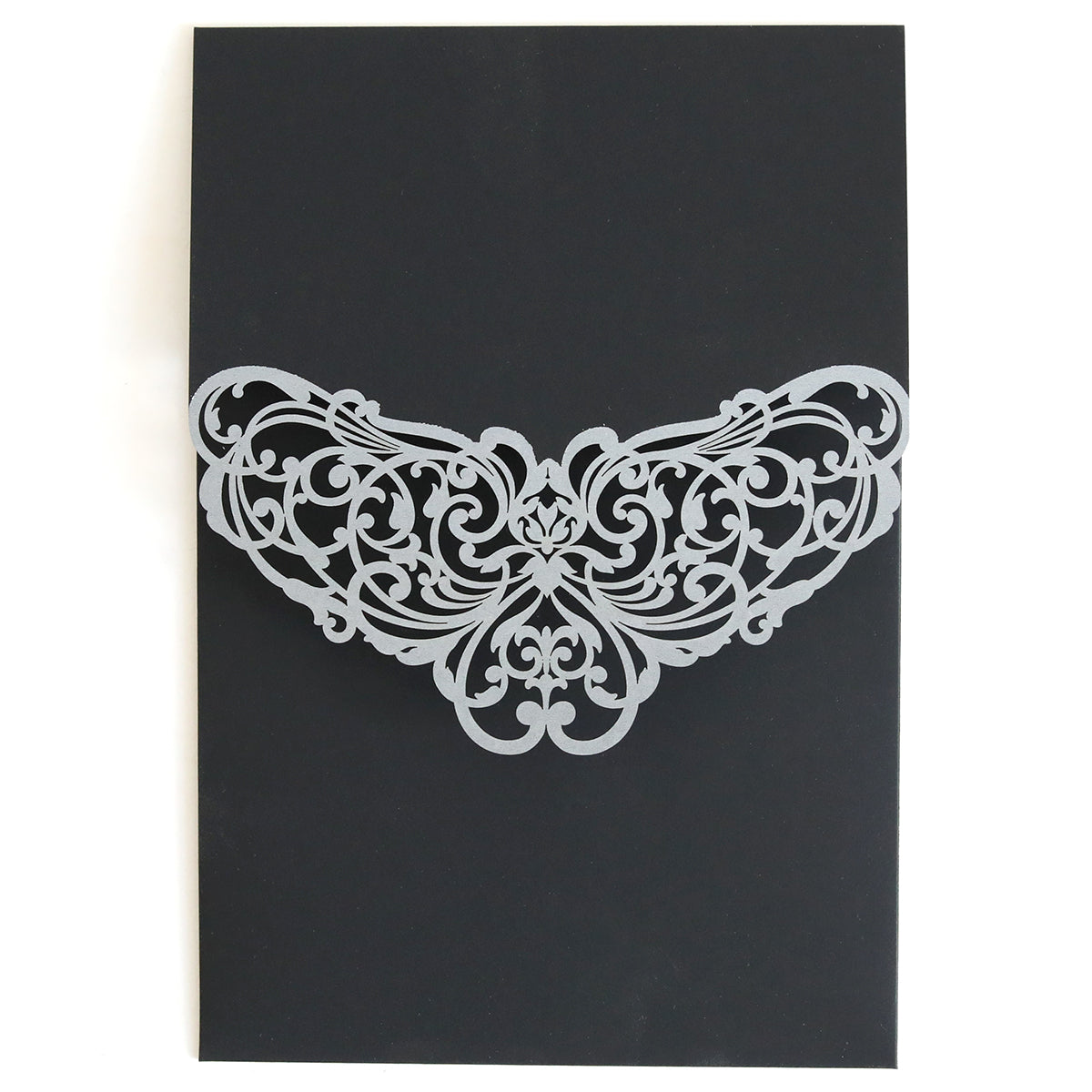 The Black Laser Foil Flap Pocket 10 pack features a black pocket invitation with an ornate silver laser-cut filigree design at the top center—ideal for creating custom wedding invitations.