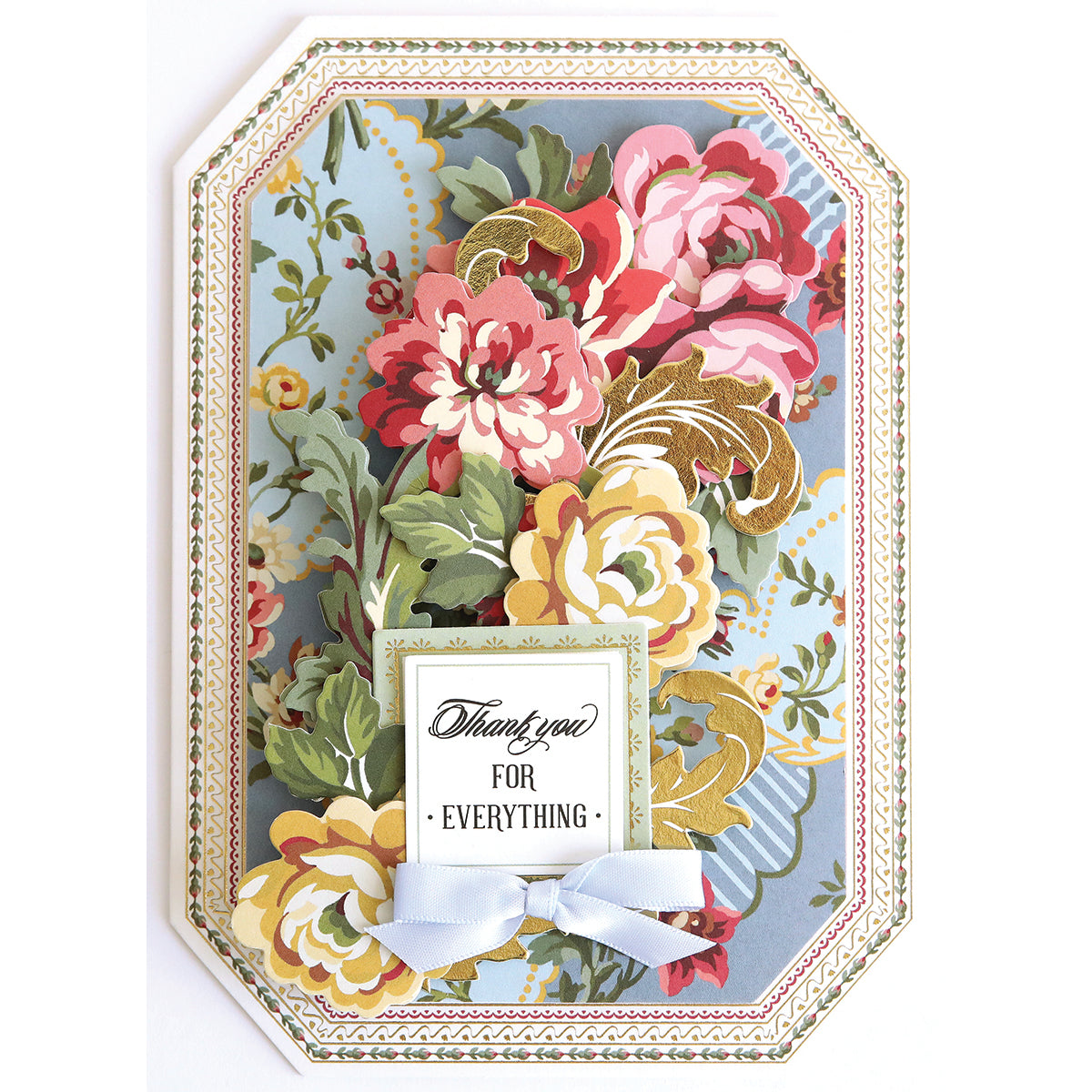 Simply Thank You Card Making Kits featuring an octagonal card with a floral pattern, a gold-accented flower cutout, a central “Thank you FOR EVERYTHING” tag, and a small ribbon bow.