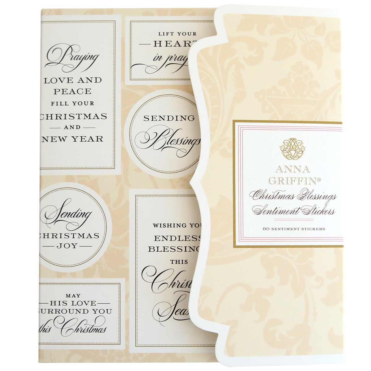 The Christmas Blessings Sentiment Stickers feature various holiday messages in black script on a cream background, perfect for adding heartfelt touches to your cards and gifts.