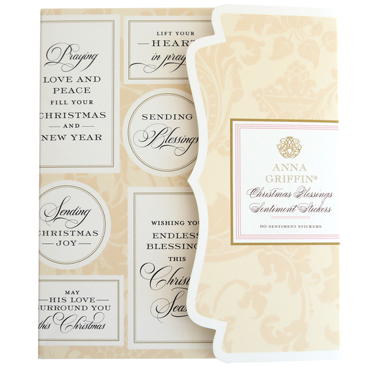 The Christmas Blessings Sentiment Stickers feature various holiday messages in black script on a cream background, perfect for adding heartfelt touches to your cards and gifts.