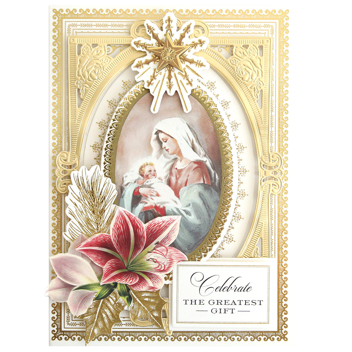 Pair the "Christmas Blessings Sentiment Stickers" with a gold-trimmed card showing Mary and baby Jesus, decorated with flowers and stars, plus the message "Celebrate the Greatest Gift"—perfect for heartfelt holiday greetings.