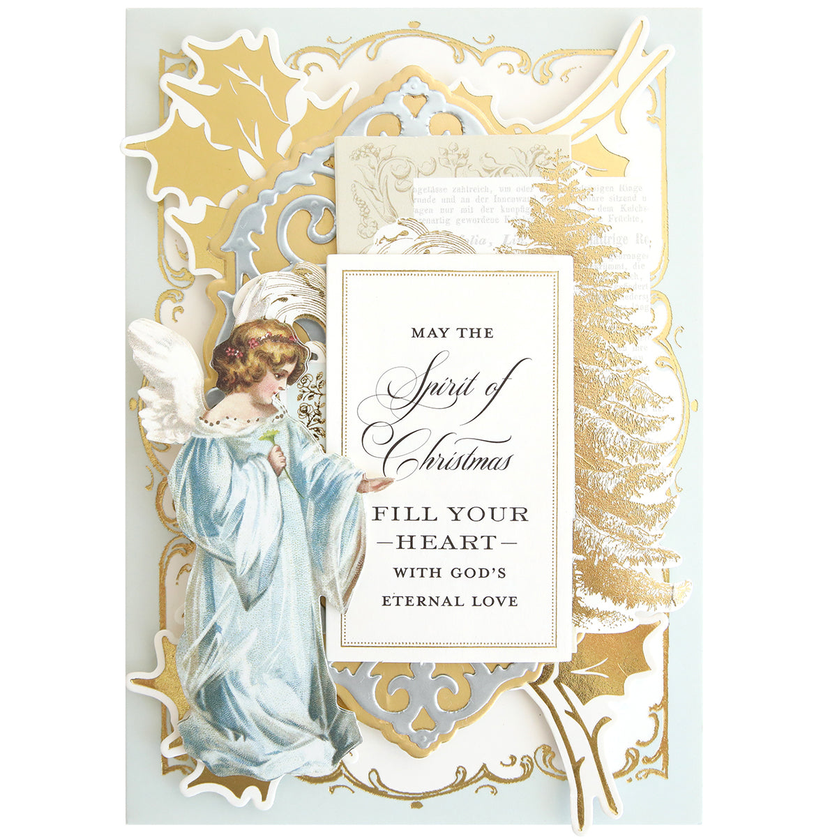 A decorative Christmas card with an angel in blue, gold accents, and the message: "May the spirit of Christmas fill your heart with God's eternal love," adorned with Christmas Blessings Sentiment Stickers.