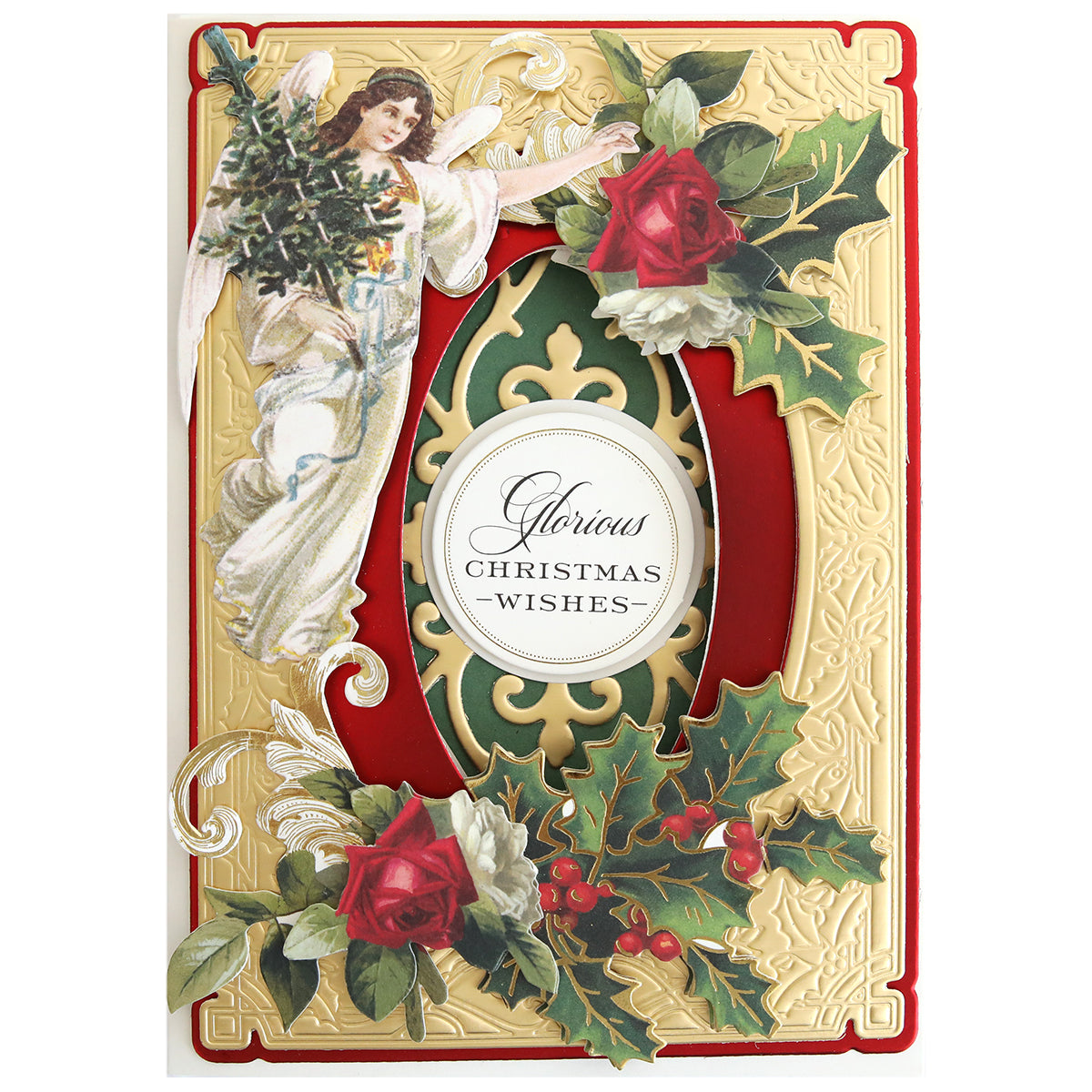 Pair your decorative Christmas card—featuring an angel with a tree, red roses, holly, and "Glorious Christmas Wishes" on gold—with the Christmas Blessings Sentiment Stickers for a beautiful holiday touch.