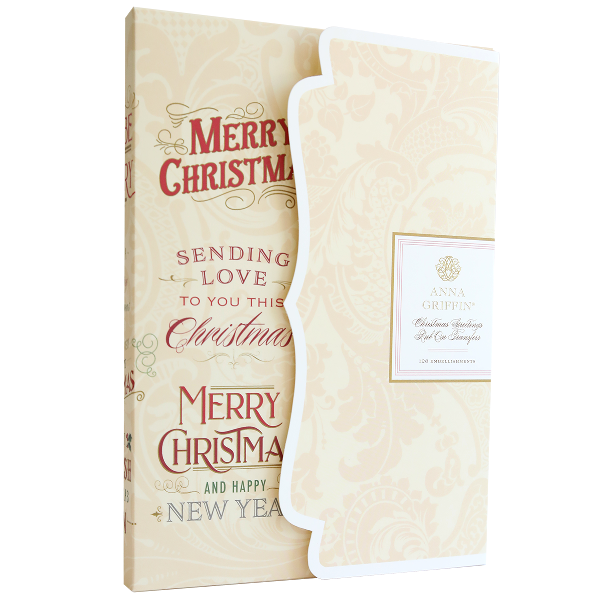 The Christmas Greetings Rub On Transfers feature gold and red "Merry Christmas" and "Happy New Year" text, with festive accents and a decorative folded insert adorned with holiday embellishments.