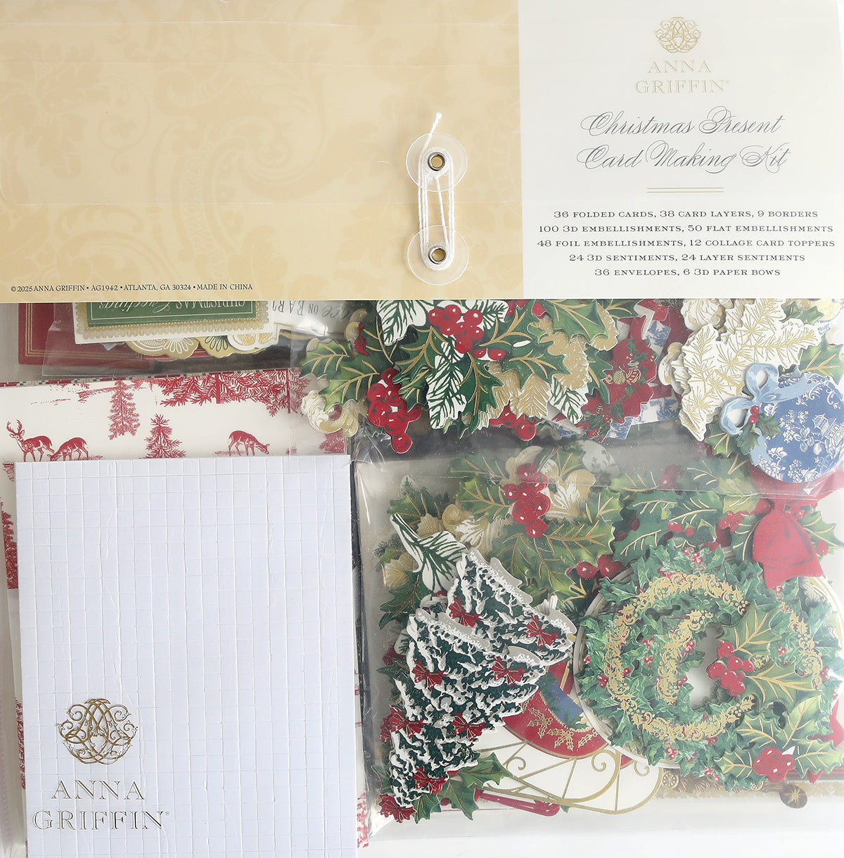 The Christmas Present Card Making Kit includes cards, envelopes, embellishments, and layered stickers—everything needed to create beautiful handmade Christmas cards. All items come neatly organized in clear packaging.