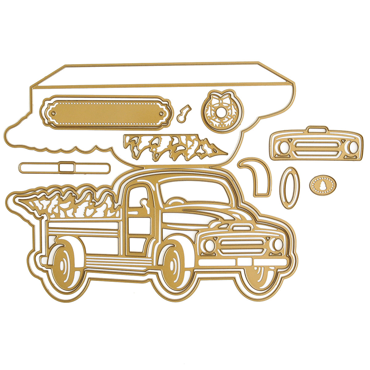 This vintage themed Anna Griffin die cut features a Christmas truck adorned with a tree and other charming items. Perfect for creating easel card designs.
