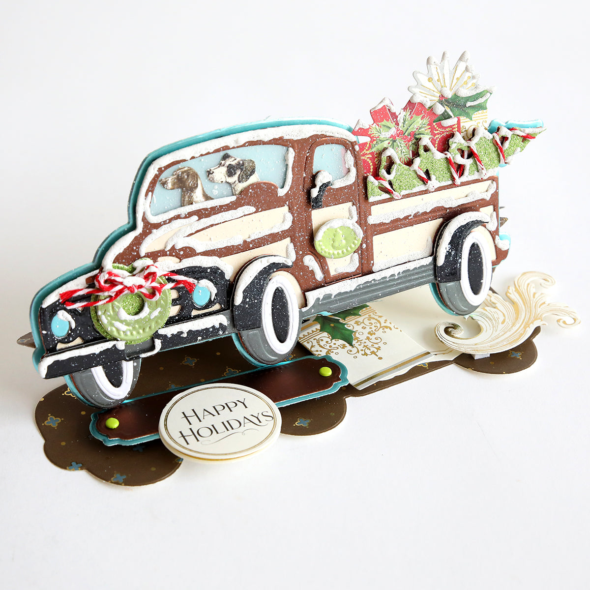 A vintage-themed Anna Griffin Christmas card featuring the Christmas Truck Easel Die.