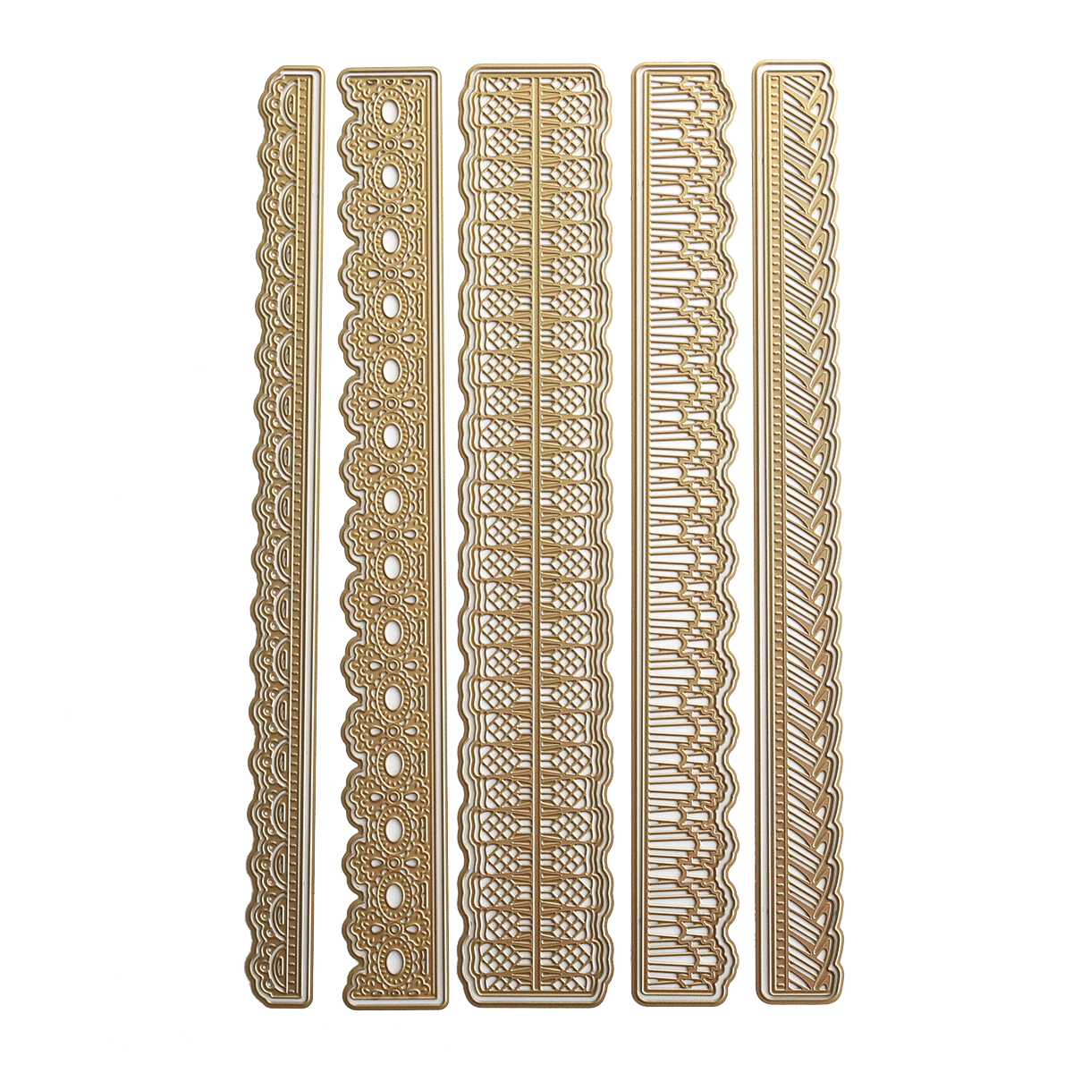 Five intricate 3D Ribbon Border 12" Dies, each with a different lace-like pattern reminiscent of a delicate ribbon border, are arranged vertically side by side on a white background. Perfect for adding elegance to scrapbook pages.