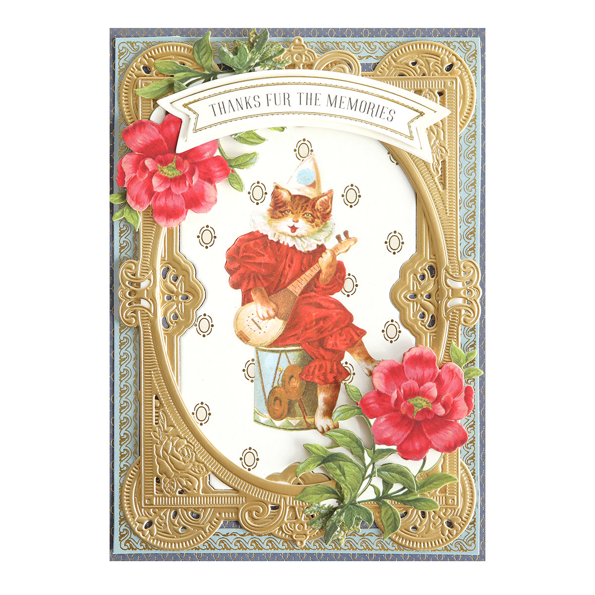 Decorative card featuring a cat in red clothing with a lute, framed by gold borders and red flowers. Ideal for pet lovers, this antique-style design showcases a banner saying "Thanks Fur the Memories," using Cute Pet Rub On Transfers.